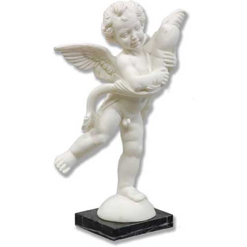 Winged cherub statue in classical Baroque style holding a bird, standing on a decorative pedestal with ornate detailing.