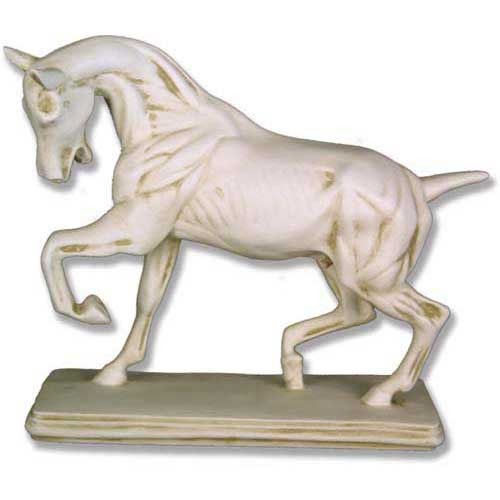 Classical horse sculpture with raised front leg, featuring ornate, old world European detailing and Renaissance-inspired anatomy.