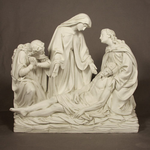 Baroque-style sculpture depicting a classical Pietà scene with three mourners surrounding the body of Christ in ornate, flowing robes. Different Angle