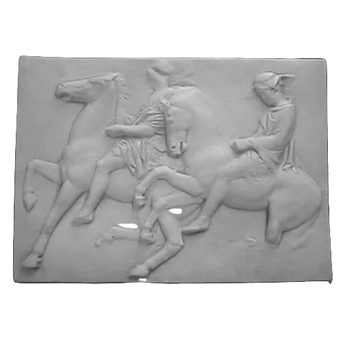 Classical Greek bas-relief depicting two riders on horseback in flowing robes, featuring ornate and detailed Renaissance style.