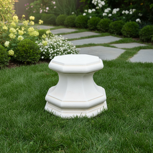 Octagonal pedestal with classical old world European design, featuring ornate beveled edges and a sculptural Renaissance-inspired form. Side Angle