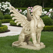 Winged sphinx statue with braided hair, classical Greek style, ornate detailing, and mythological old world European theme. Side Angle