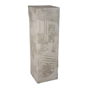Rectangular pedestal with classical old world European architectural etchings and ornate Renaissance-inspired scene detailing.