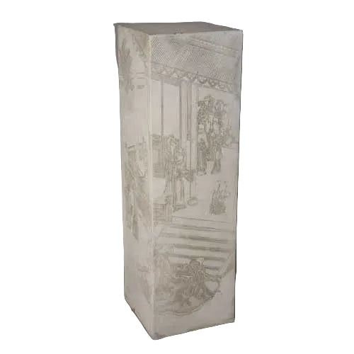 Rectangular pedestal with classical old world European architectural etchings and ornate Renaissance-inspired scene detailing.