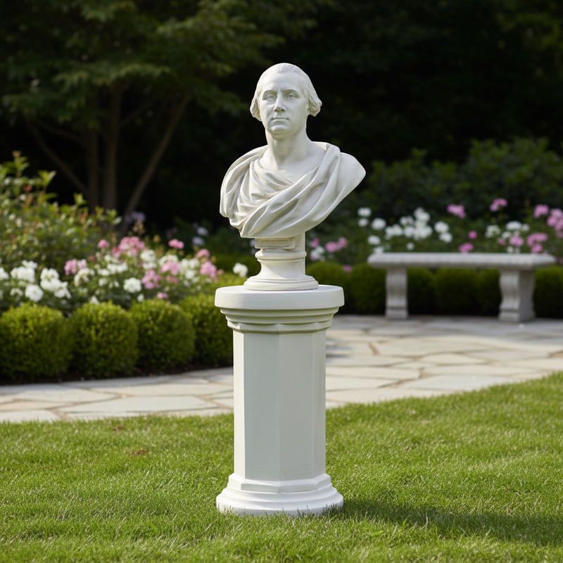 Classical bust of a man in draped attire on an ornate pedestal, featuring old world European and neoclassical sculptural details. Side Angle