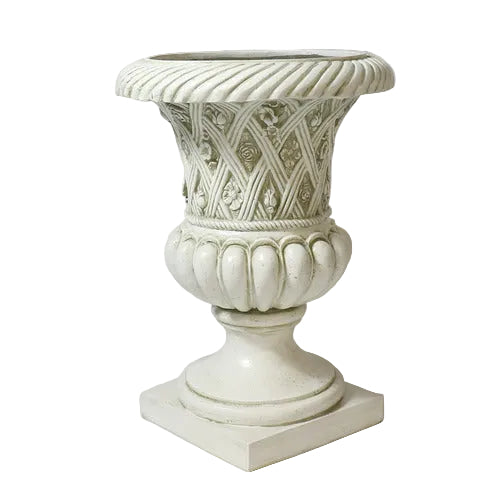 Ornate classical urn with intricate lattice and floral Baroque detailing, fluted base, and old world European design elements Side View