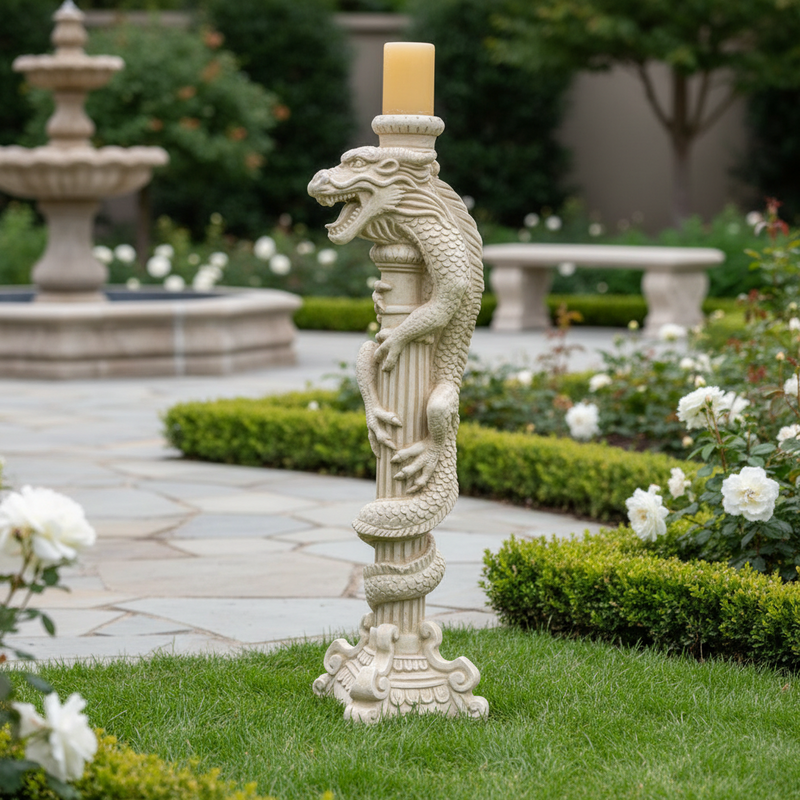 Dragon-shaped candlestick with ornate, old world European detailing and classical column base in a medieval Gothic style. Side Angle
