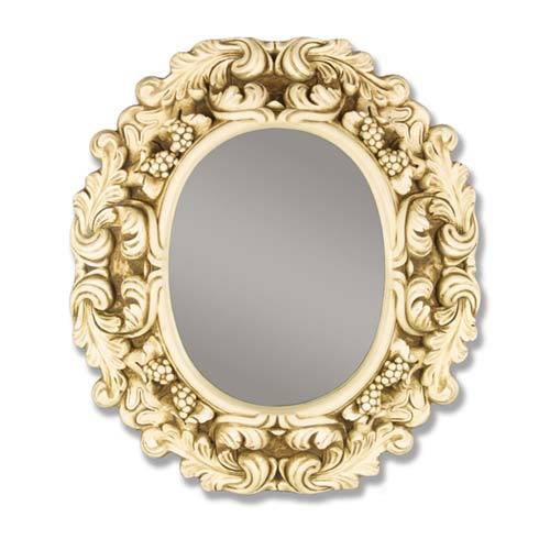 Ornate oval mirror with intricate Baroque-style floral and scrollwork frame, evoking old world European elegance.