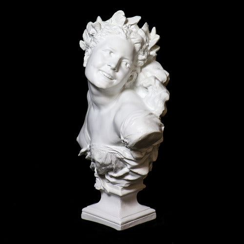 Bust of a smiling woman with laurel wreath, draped garment, and ornate detailing in classical Baroque style. Different Angle