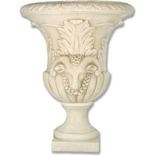 Ornate classical urn with Baroque acanthus leaf motifs and a prominent ram’s head in old world European style.