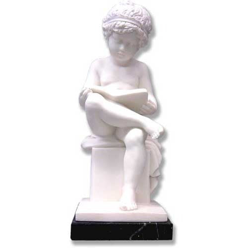 Classical Renaissance-style cherub statue seated on a pedestal, reading a book with ornate detailing and serene expression.