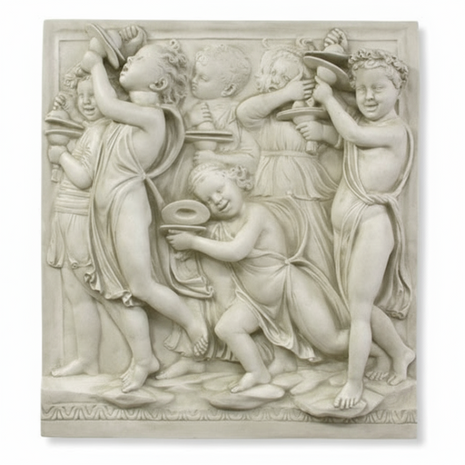 Bas-relief of playful cherubs in flowing drapery, holding vessels, in ornate Renaissance classical style with intricate detailing. Side View