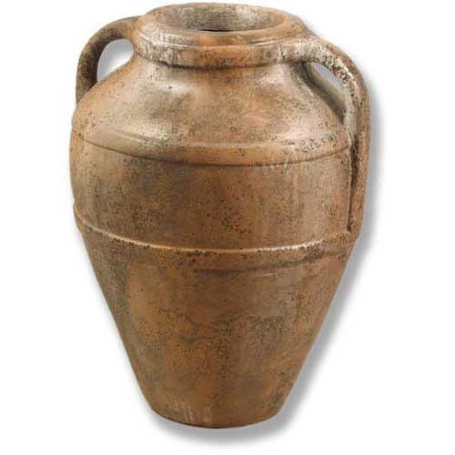 Amphora with two handles, old world European style, featuring a classical, weathered, and ornate design with a rounded rim.