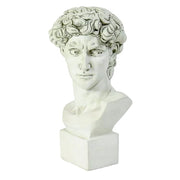 Classical Renaissance bust of a young man with curly hair, detailed facial features, and an ornate, sculpted base. Side View