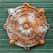 Ornate Baroque ceiling medallion with intricate floral scrollwork and classical old world European detailing. Other Angle