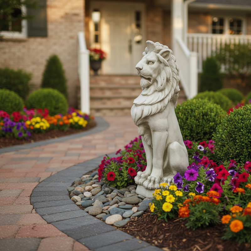 Regal lion statue with detailed mane, classical old world European style, ornate and majestic, reminiscent of Renaissance garden sculptures. Side Angle