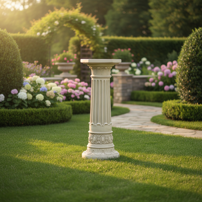Classical Greek pedestal with fluted column, ornate Baroque detailing, and intricate Renaissance-inspired decorative motifs. Side Angle