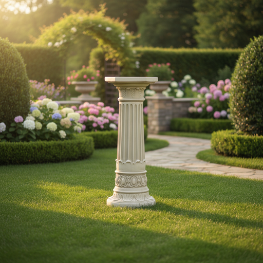 Classical Greek pedestal with fluted column, ornate Baroque detailing, and intricate Renaissance-inspired decorative motifs. Side Angle