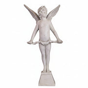 Winged cherub statue in classical Renaissance style standing on a pedestal, holding a draped cloth with ornate detailing.