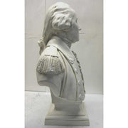 Classical old world European bust of a man in ornate military attire with ruffled cravat and detailed epaulets on shoulders. Different Angle
