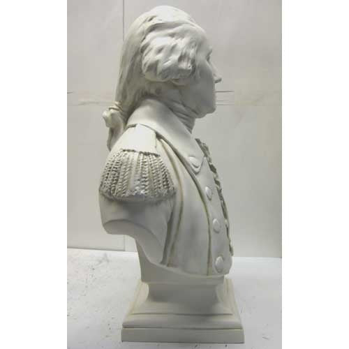Classical old world European bust of a man in ornate military attire with ruffled cravat and detailed epaulets on shoulders. Different Angle