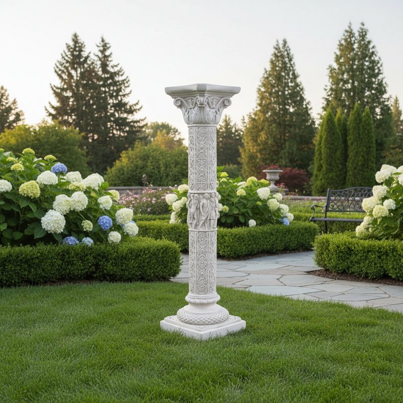 Ornate classical column with intricate Baroque detailing, fluted shaft, and sculpted figures in old world European style. Side Angle