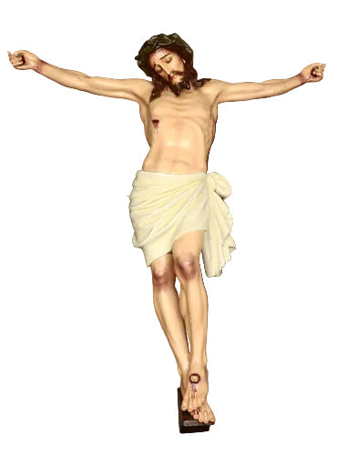 Crucifix statue featuring Jesus with a crown of thorns in a classical, old world European style with ornate, Renaissance details. Side View