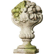 Ornate Baroque urn overflowing with sculpted fruit, featuring classical detailing and weathered old world European style.