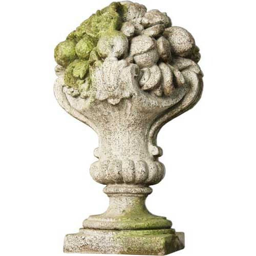 Ornate Baroque urn overflowing with sculpted fruit, featuring classical detailing and weathered old world European style.