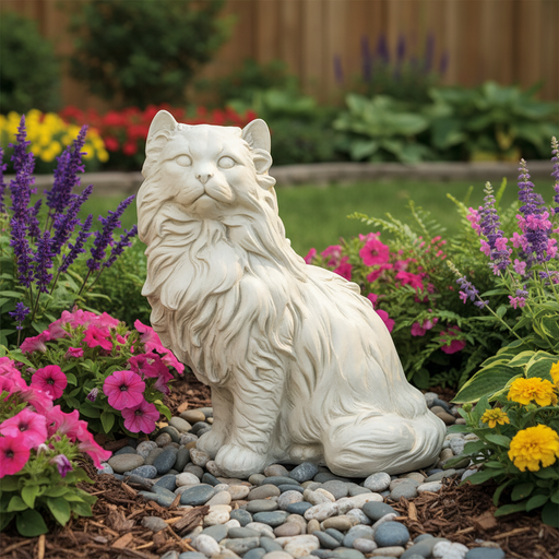 Regal cat statue with ornate, flowing fur in classical old world European style, featuring intricate Baroque-inspired detailing. Side Angle