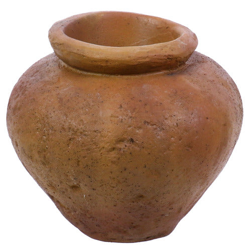 Round, wide-mouthed urn with a weathered surface, featuring old world European and classical design influences.