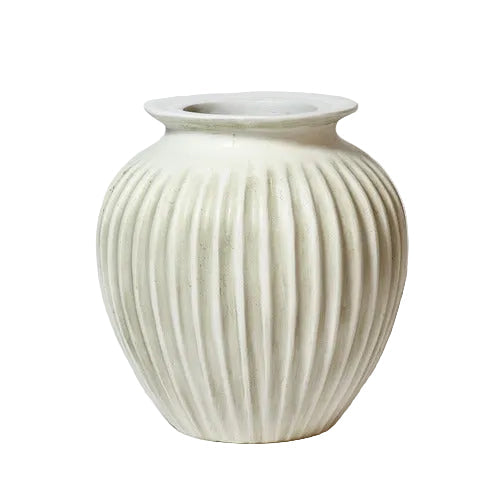Ornate old world European vase with classical fluted design and rounded body, featuring a wide, gently flared rim.