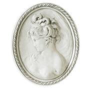 Classical oval cameo relief of a woman in profile with ornate hairstyle, featuring old world European and Renaissance detailing.
