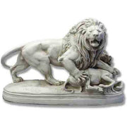 Lion sculpture in classical Baroque style, depicted mid-roar with detailed mane, standing over a subdued animal on an ornate base.