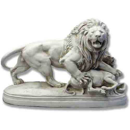 Lion sculpture in classical Baroque style, depicted mid-roar with detailed mane, standing over a subdued animal on an ornate base.