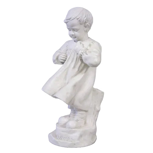 Classical European-style statue of a young child in a flowing dress, standing with playful expression and ornate detailing.