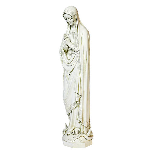 Virgin Mary statue in classical old world European style with ornate detailing, hands in prayer, and flowing draped robes. Different Angle