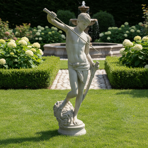 Classical Renaissance-style statue of a young male figure holding a sword and standing on a decorative pedestal. Side Angle