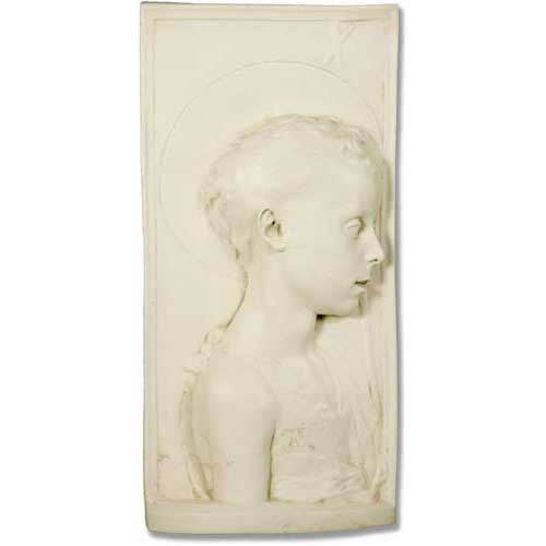 Classical bas-relief of a young girl in profile with braided hair, featuring a halo and Renaissance-inspired ornate detailing.