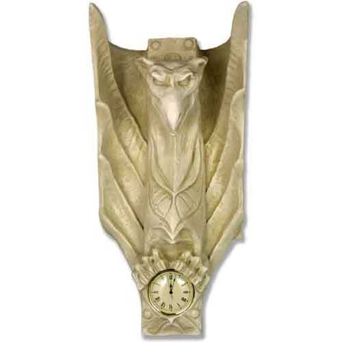 Gothic gargoyle wall clock with ornate wings and classical medieval detailing, featuring a small round clock at the base.