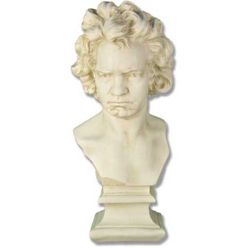 Classical bust of a stern-faced man with curly hair, sculpted in an old world European style on an ornate pedestal base.