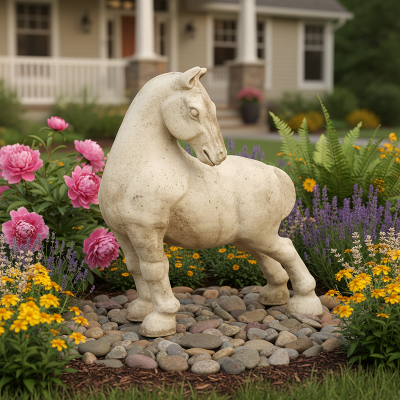 Baroque-style horse statue with ornate detailing and classical old world European sculptural features. Side Angle