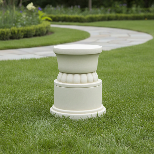 Classical pedestal with rounded top, ornate egg-and-dart detailing, and old world European architectural style. Side Angle