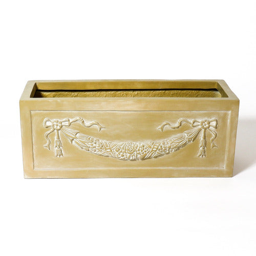Rectangular planter box with ornate Baroque-style garland and ribbon relief, featuring classical old world European detailing. Different Angle