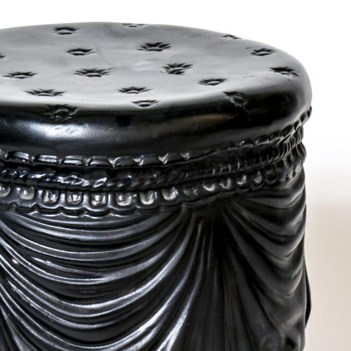 Ornate cylindrical stool with classical draped swag detailing and tassels, inspired by old world European and Baroque design elements. Different Angle