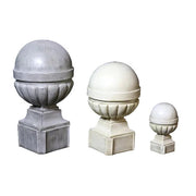 Ornate old world European finials with classical fluted bases and spherical tops in varying sizes, featuring architectural detailing. Side View