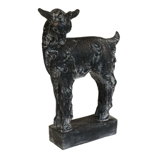 Goat statue with classical old world European style, featuring ornate detailing and a sturdy rectangular base. Side View