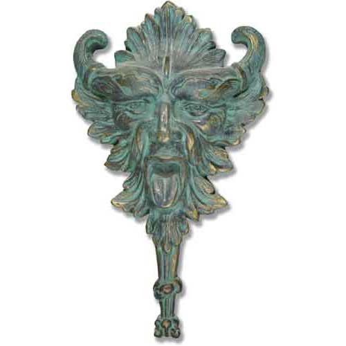Ornate old world European door knocker featuring a classical grotesque face with Baroque detailing and elaborate leaf motifs.