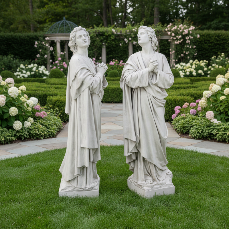 Two classical Renaissance-style statues of robed figures standing in prayer with upward gazes and detailed drapery. Side Angle