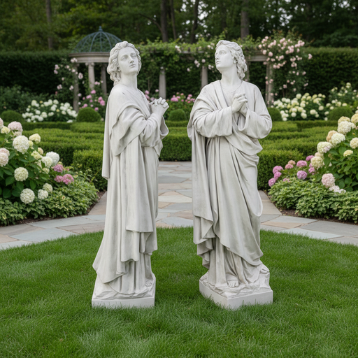 Two classical Renaissance-style statues of robed figures standing in prayer with upward gazes and detailed drapery. Side Angle